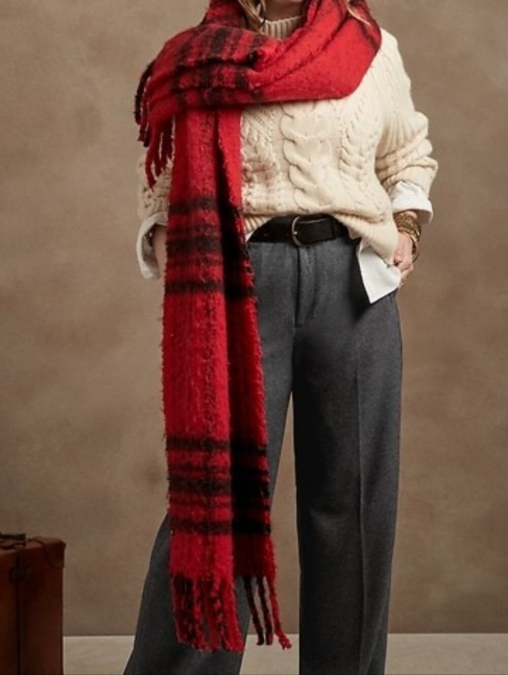 New With Tags Italy Made Banana Republic Wool Red Black Plaid Fringe Wrap Scarf